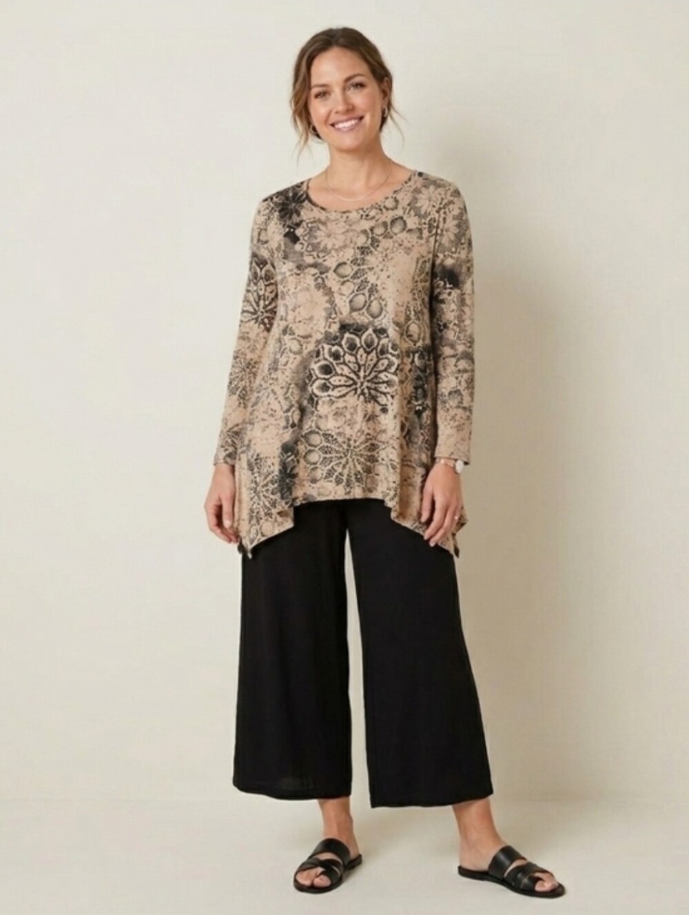 Peruvian Connection Tunic Top Khaki Black Lace Print Oversize Flowy Size XS / S